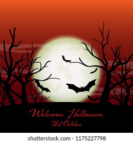 Halloween creepy forest with flying bats and full moon sky and Welcome Halloween text. Vector illustration of Halloween background.