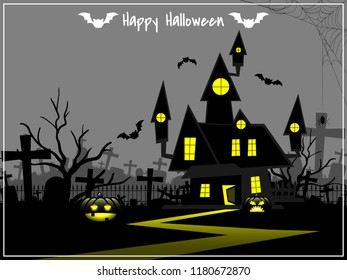 Halloween creepy forest of Haunted House in graveyard with Jack o Lantern, flying bats and Happy  Halloween text. Vector illustration of Halloween background.