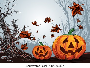 Halloween creepy forest with pumpkin background