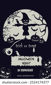 halloween, creepy, frightening, horror, fear, invitation, scarecrow, pumpkin, flyer, poster, background, announcement, autumn, october, holiday, bat, spider, web, crow, full moon, night, nightclub