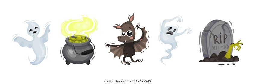 Halloween with Creepy Ghost, Boiling Cauldron, Bat and Tomb Vector Set