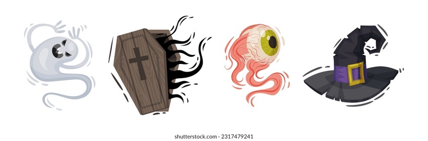 Halloween with Creepy Ghost, Coffin, Eye and Witch Hat Vector Set