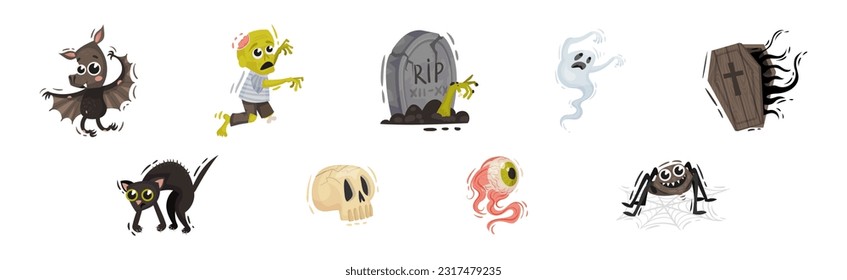 Halloween with Creepy Ghost, Zombie, Bat, Cat, Skull, Eye and Spider Vector Set