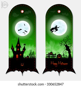 Halloween creepy green vertical banners labels set. Vector illustration.