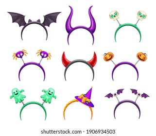 Halloween creepy headband with horns and monster. Head hoop with devil horns, bat wings and spider, hair band with scull, ghost and pumpkin, witch hat, flying eye cartoon vector. Party costume element