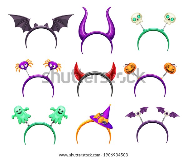 Halloween creepy headband with horns and monster.\
Head hoop with devil horns, bat wings and spider, hair band with\
scull, ghost and pumpkin, witch hat, flying eye cartoon vector.\
Party costume\
element