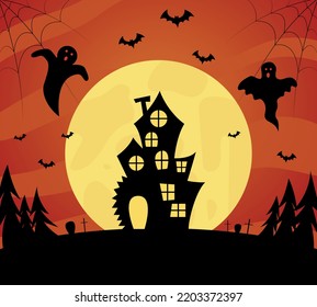 Halloween. Creepy house on the background of the moon. Ghosts, bats, cobwebs. Vector illustration.