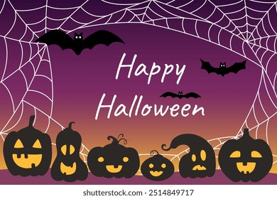 Halloween creepy night background with pumpkins, bats and spider web. Halloween banner. Halloween concept.