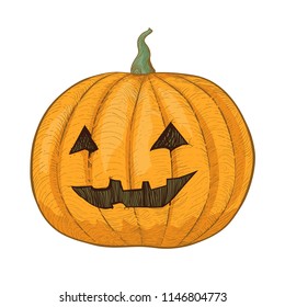 Halloween Creepy orange pumpkin. Detailed hand drawing isolated on white background. Vector colorful line dashed lantern vegetable