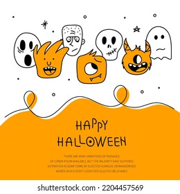 Afiche escalofriante de Halloween con fantasma, zombi, fantasma, calavera y frase HAPPY HALLOWEEN. Ilustración vectorial el 31 de octubre.