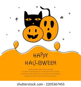 Halloween creepy poster with  pumpkin, cat and phrase HAPPY HALLOWEEN. Vector illustration on 31 October.