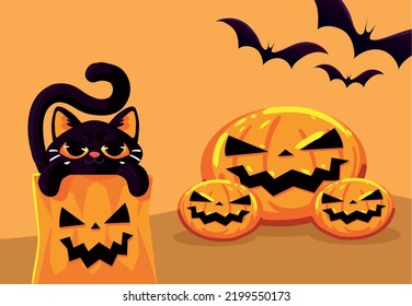 halloween creepy pumpkins with cat and bats