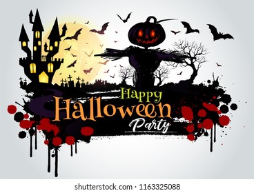 Halloween creepy scarecrows and dark castle on full Moon background,Happy Halloween message design illustration.