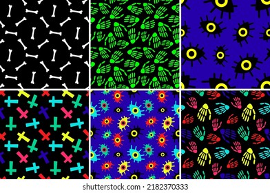 Halloween creepy scary seamless patterns. Patterns with bones, pumpkins, skulls, skeletons. Vector illustration 