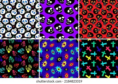 Halloween creepy scary seamless patterns. Patterns with bones, pumpkins, skulls, skeletons. Vector illustration 