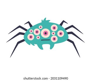 Halloween creepy spider with many eyes, hand drawn scary illustration. Green monster sticker. Traditional spooky October holiday symbol clip art design. Vector template, isolated on white background