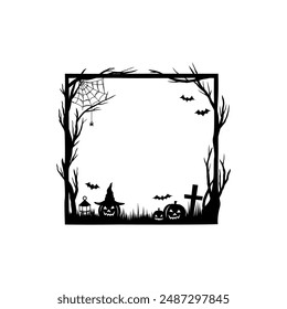 Halloween creepy square black frame. Halloween holiday, horror creepy vector frame or background with pumpkin lantern in witch hat, dry wood, cobweb and flying bats, cemetery cross black silhouettes