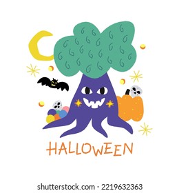Halloween. Creepy tree hand drawn illustration with lettering. Horror night atmosphere. Autumn seasonal design element. Pumpkin, skull, sweets, moon, bat. Party poster art.