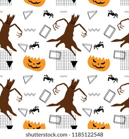 Halloween creepy tree spider and pumpkin seamless pattern. vector illustration for fashion textile print and wrapping with festive design.