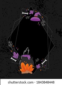 Halloween creepy vector frame. Hand-drawn decoration witch's bowl, bones and magic