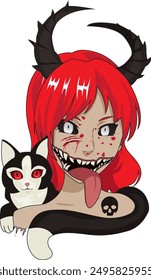 Halloween Creepy witch monster face with cat vector