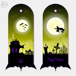 Halloween Creepy Yellow Fantasy Vertical Banners Labels Set. Vector Illustration.
