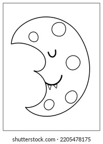 Halloween crescent coloring page. Cute moon with fangs print for coloring book in US Letter format. Vector illustration