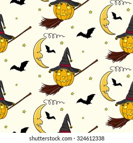 Halloween Crescent, Jack-o-lantern, Witch Broom, Star & Flying Vampire Bat seamless pattern on beige background. Package, textile & rug design. Yellow, Orange, Brown & Black vector backdrop. Vintage.