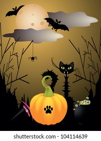 halloween critters with cat, Moon, bat, pumpkin