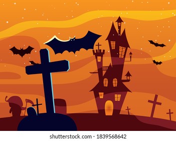 Halloween cross grave in front of castle design, Holiday and scary theme Vector illustration