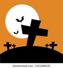 halloween crosses with bats flying and icons vector illustration design