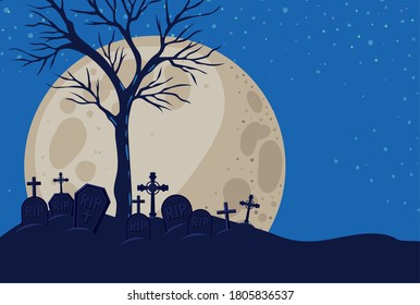 Halloween crosses graves and trees in front of moon landscape design, Holiday and scary theme Vector illustration