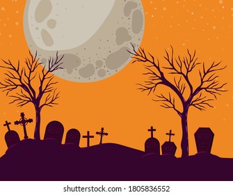 Halloween crosses graves and trees in front of moon landscape design, Holiday and scary theme Vector illustration