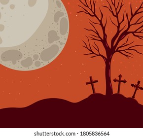 Halloween crosses graves and trees in front of moon landscape design, Holiday and scary theme Vector illustration