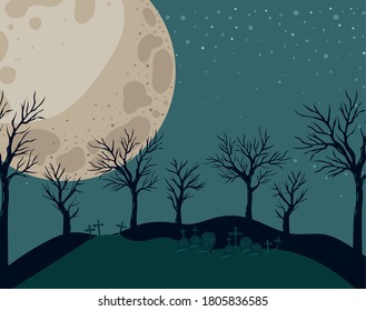 Halloween crosses graves and trees in front of moon landscape design, Holiday and scary theme Vector illustration