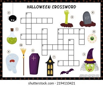 Halloween crossword activity page for kids. Puzzle game with spooky characters. Educational activity for school and preschool. Vector illustration