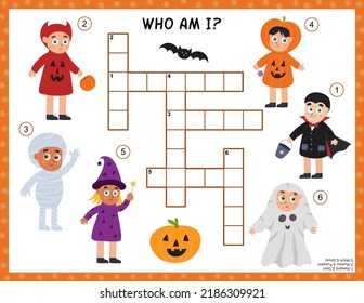 Halloween crossword with cute kids in costumes of pumpkin, devil, vampire, witch, ghost and mummy. Who am I puzzle game for children. Educational activity page. Vector illustration