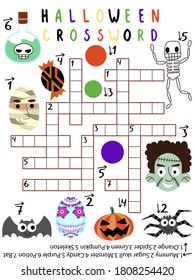 Halloween crossword for kids with answer vector. Funny educational halloween crossword with skeleton, pumpkin, spider, bat, potion, candy, monster, sugar skull, mummy, green, orange and purple