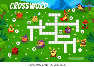 Halloween crossword quiz game. Cartoon funny fruit wizards and mages characters. Crossword wordsearch vector worksheet with apple, pineapple, banana and mango, guava, lemon sorcerers happy personage