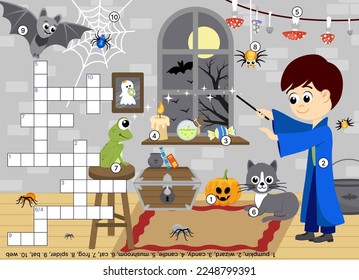 Halloween crossword with wizard. Magic wand. Educational puzzle game for kids. Flat, cartoon. Isolated vector illustration eps 10