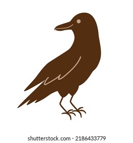 Halloween crow, black raven bird isolated on white. Hand drawn silhouette of black crow. Cute bird. Dark raven shape.