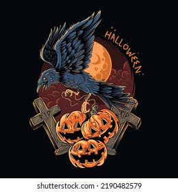 Halloween Crow Flying With Pumpkin