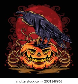 halloween crow on halloween pumpkin on full moon background