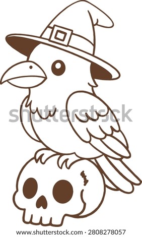 Halloween Crow Raven on Skull Line Art Coloring Page