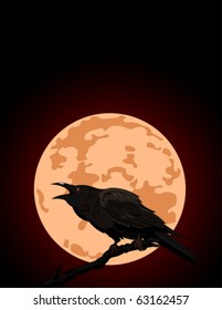 Halloween Crow sitting and croaks against a full moon