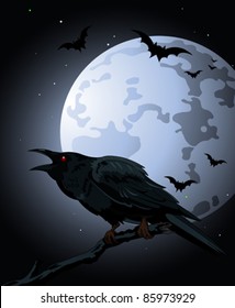 Halloween Crow sitting and croaks against a full moon