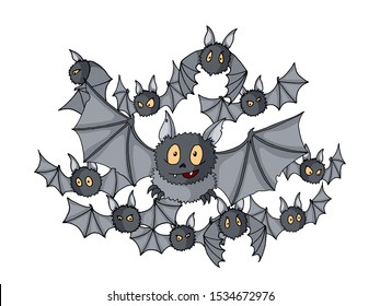 Halloween crowd of different bats vector sketch colored doodle isolated on white. Cartoon holiday illustration hand drown bats. Colorful book page for kids, sticker or game asset