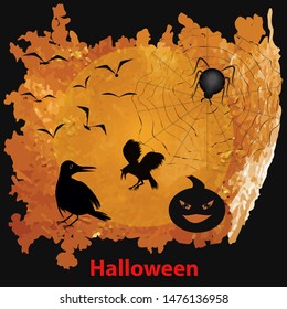 Halloween - crows, pumpkin, spider, cobweb - bright abstract orange-black background - illustration, vector. Happy halloween party.