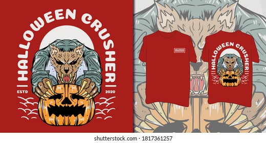 halloween crusher. werewolf illustration t-shirt