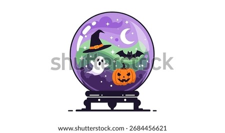 Halloween crystal ball with a witch hat, bat, ghost, and pumpkin.